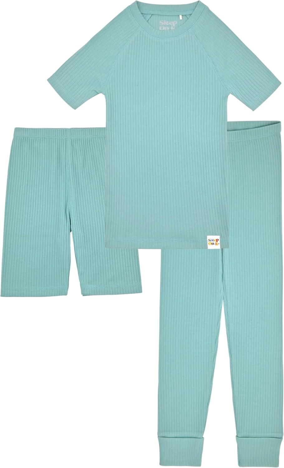 Sleep On It 100% Organic Cotton Rib Knit Snug-Fit 6-Piece Pajama Sets for Boys & Girls, Green & Light Blue Size 5