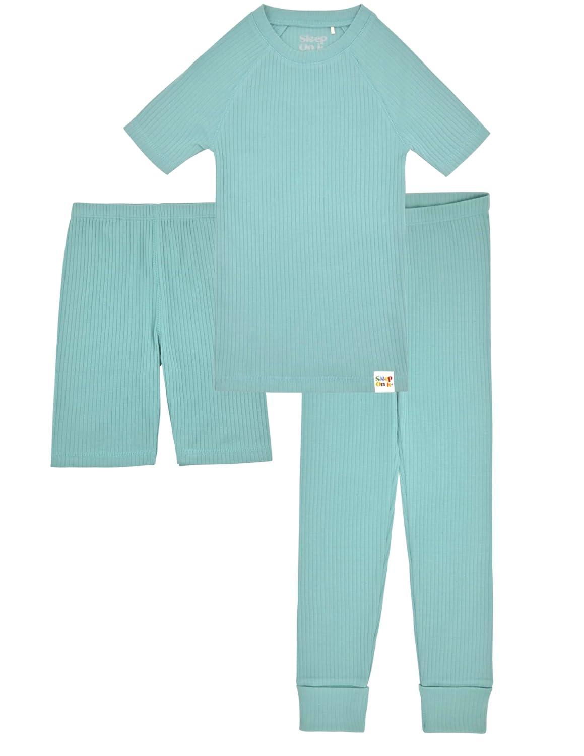 Sleep On It 100% Organic Cotton Rib Knit Snug-Fit 6-Piece Pajama Sets for Boys & Girls, Green & Light Blue Size 5