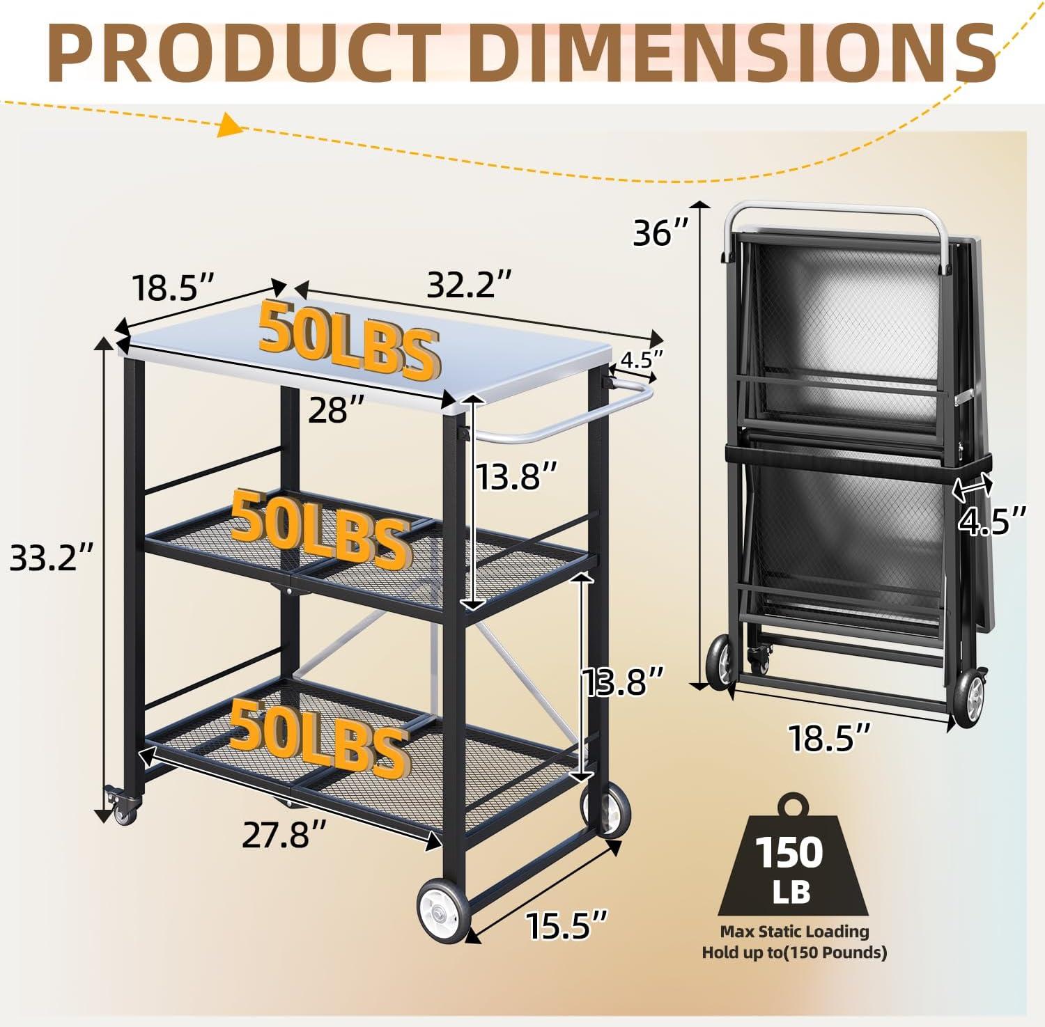 AECOJOY Outdoor Grill Table, Stainless Steel Pizza Oven Stand 3-Tier Folding BBQ Prep Table with Casters, Portable Kitchen Island for Apartment, Studio & Backyard Cooking, Gray