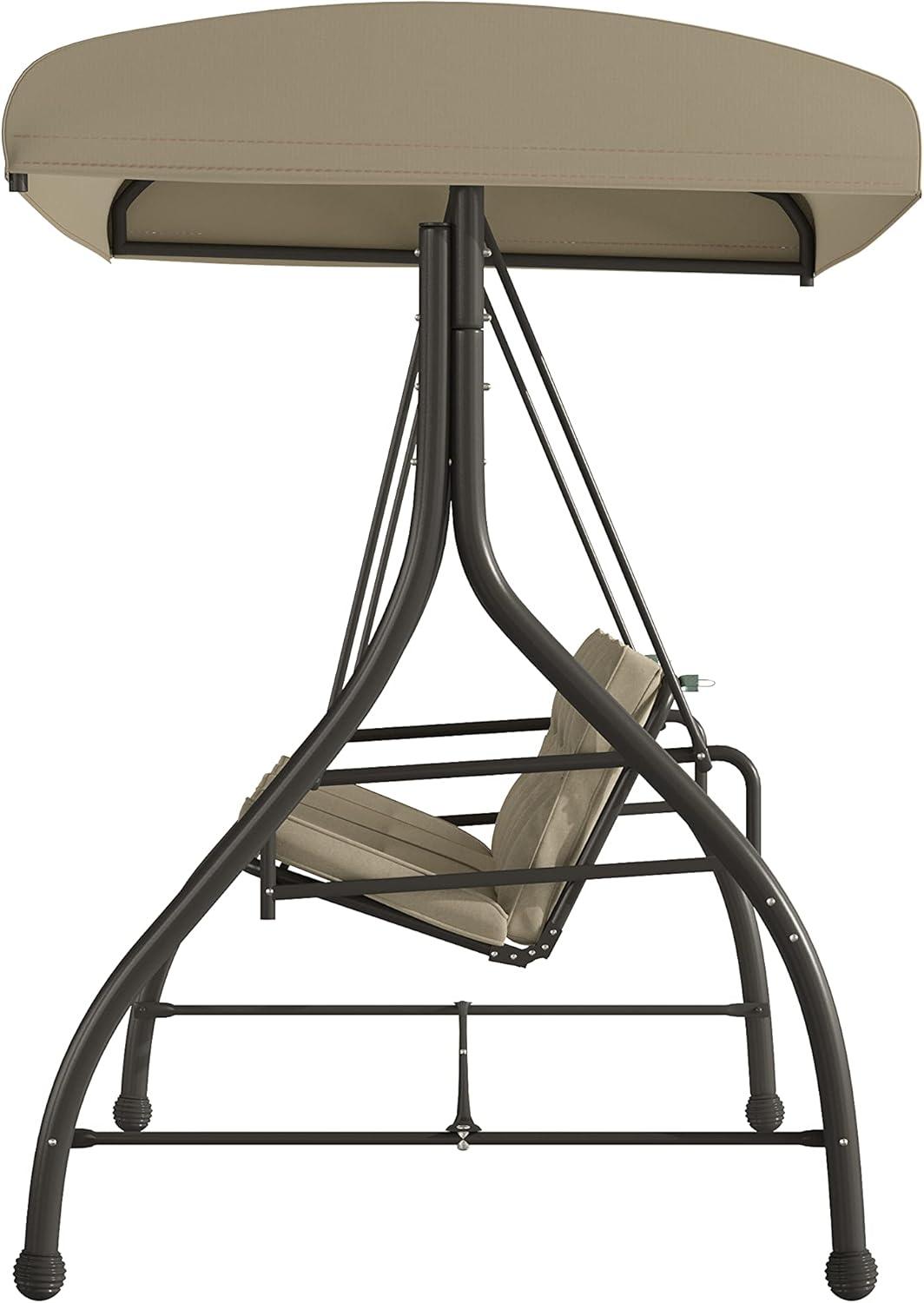 Flash Furniture 3-Seat Outdoor Steel Converting Patio Swing Canopy Hammock with Cushions / Outdoor Swing Bed (Tan)