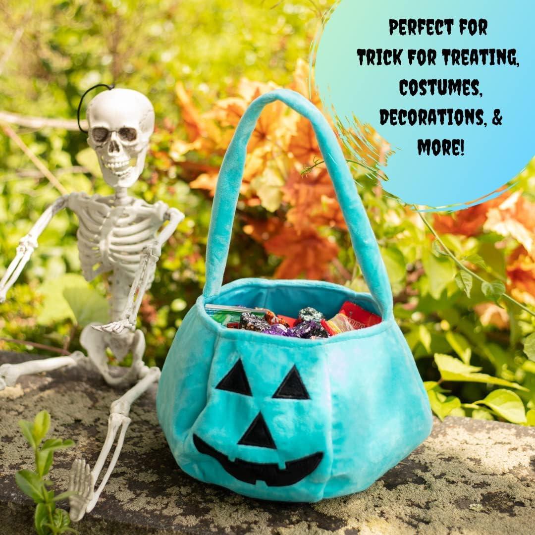 Halloween Trick or Treat Bucket - Teal Pumpkin Allergy Friendly Soft Treat Bag Tote - Reusable 8 x 8 Kids Light Blue Jack O Lantern Felt Fabric Pail for Treats, Costume, and Decorations