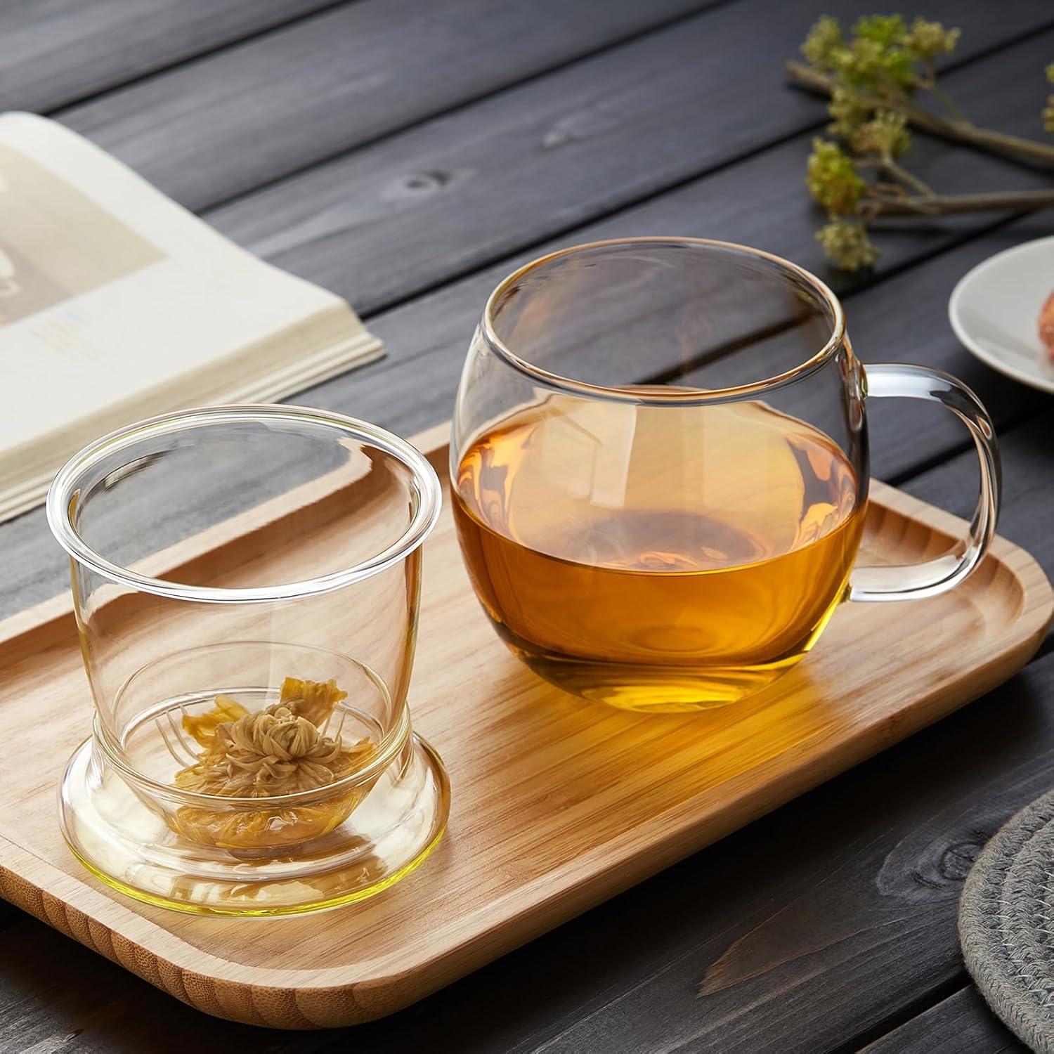 Glass Tea Cup with Infuser and Lid, 17OZ Large Borosilicate Glass Tea Cup with Strainer,Clear Glass Tea Mugs for Loose Leaf Tea,Blooming Tea,Tea Bag,Tea Cute Mushroom, Christmas gift