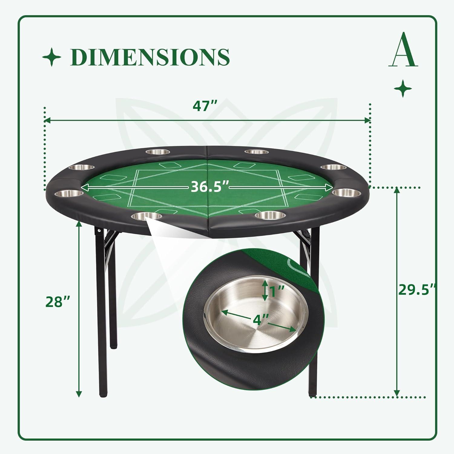 8-Player Green Felt Poker Table with Black Faux Leather Rails