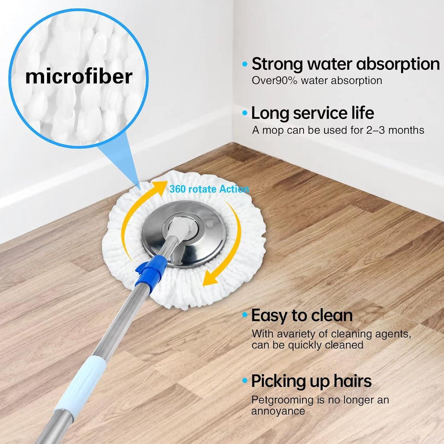 Spin Mop and Bucket with Wringer Set,360°Spin Mop & Bucket Floor Cleaning System Mop Bucket with 61" Adjustable Extended Handle 3 Microfiber Replacement Head Refills
