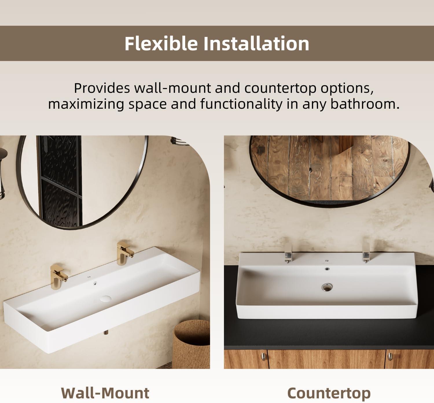 Los Flexi 43" x 16" Extra Large Trough Sink, Dual Faucet Holes, Wall-Mount Install, Pop-Up Drain