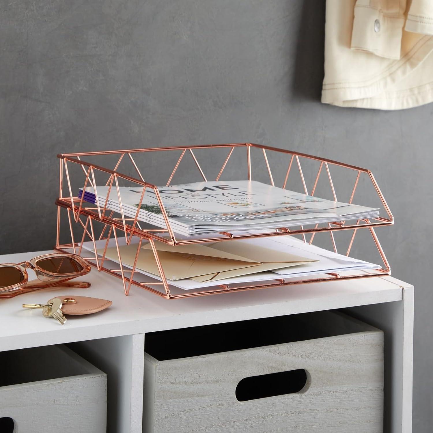 Rose Gold Stackable Metal Desk Organizer for Papers and Files