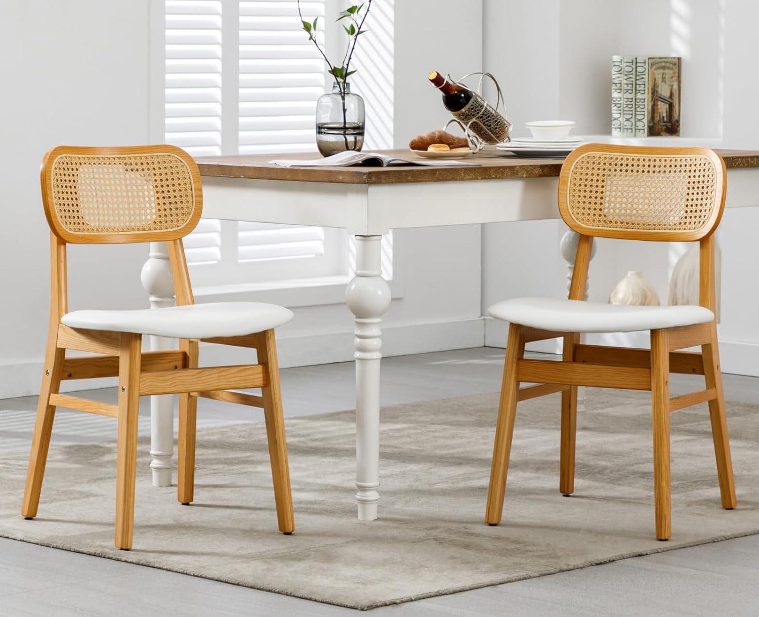 Upholstered Faux Leather Seat Rattan Back Dining Chair, Solid Wood Frame Side Chair For Living Room