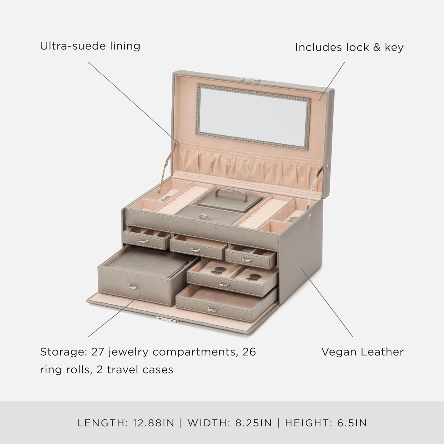 Gray Faux Leather Rectangular Locking Jewelry Box