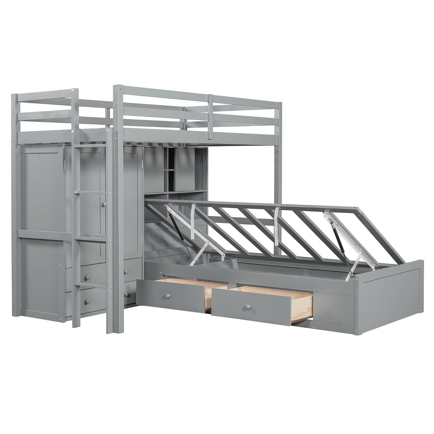 yuanhuan Twin Bunk Bed With Drawers, Wardrobe, Storage Shelves And Hydraulic Bed