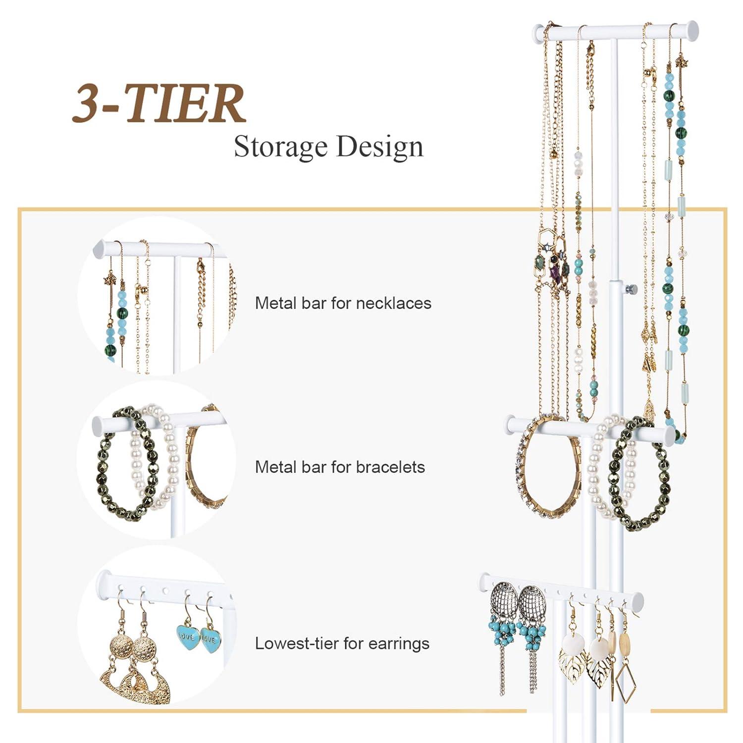 Jewelry Tree Stand White Metal and Wood Base Large Storage Jewelry Organizer for Necklaces Bracelets Earrings Holder Organizer Jewelry Display Mother's Day Gift White and White