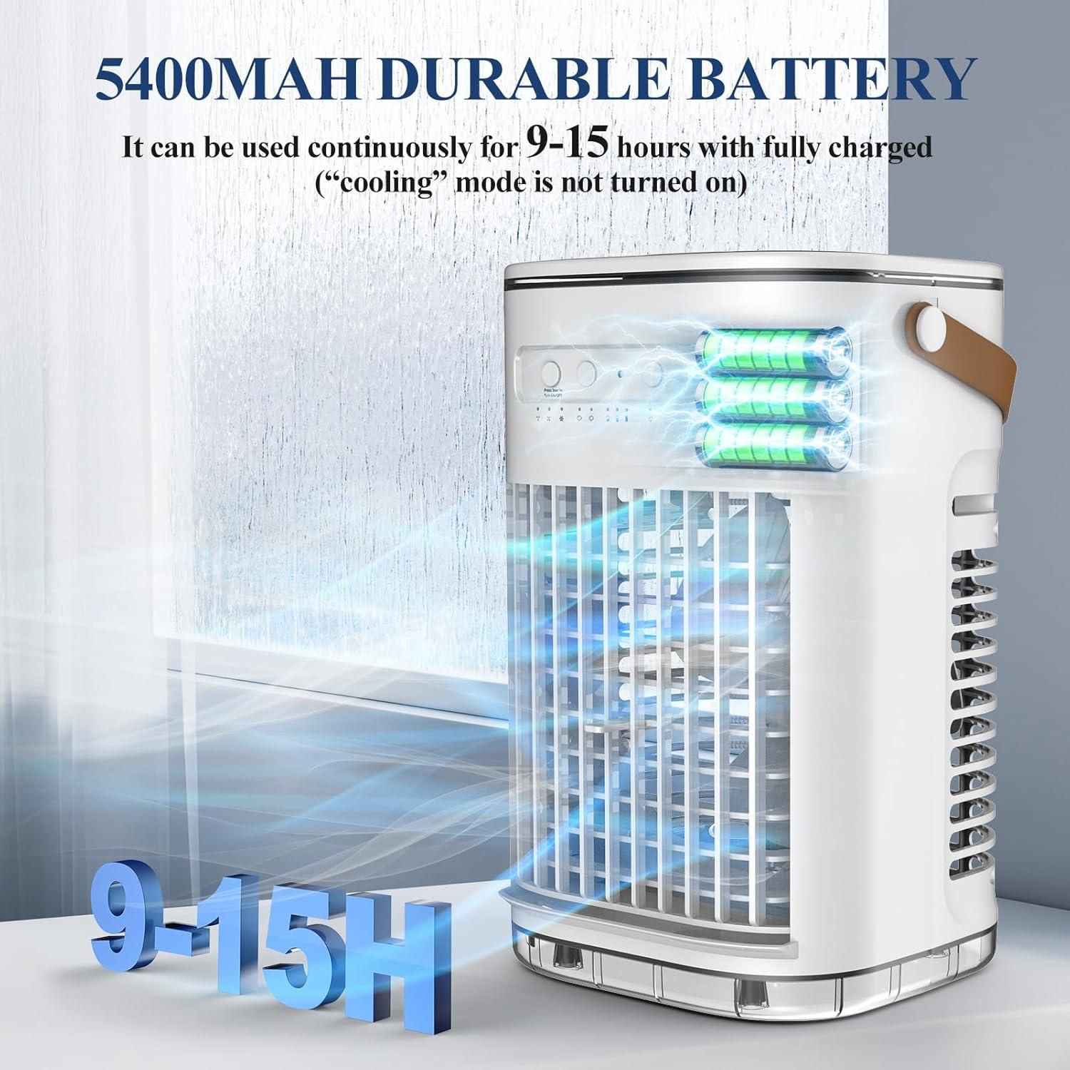 Portable Air Conditioners, 3-1 Mini Evaporative Air Cooler w/Remote, 1.2L Water Tank & 2 Ice Packs, 1-7H Timer, 5400mAh Battery With USB Charging, Personal Fan For Desktop Home Office Outdoors
