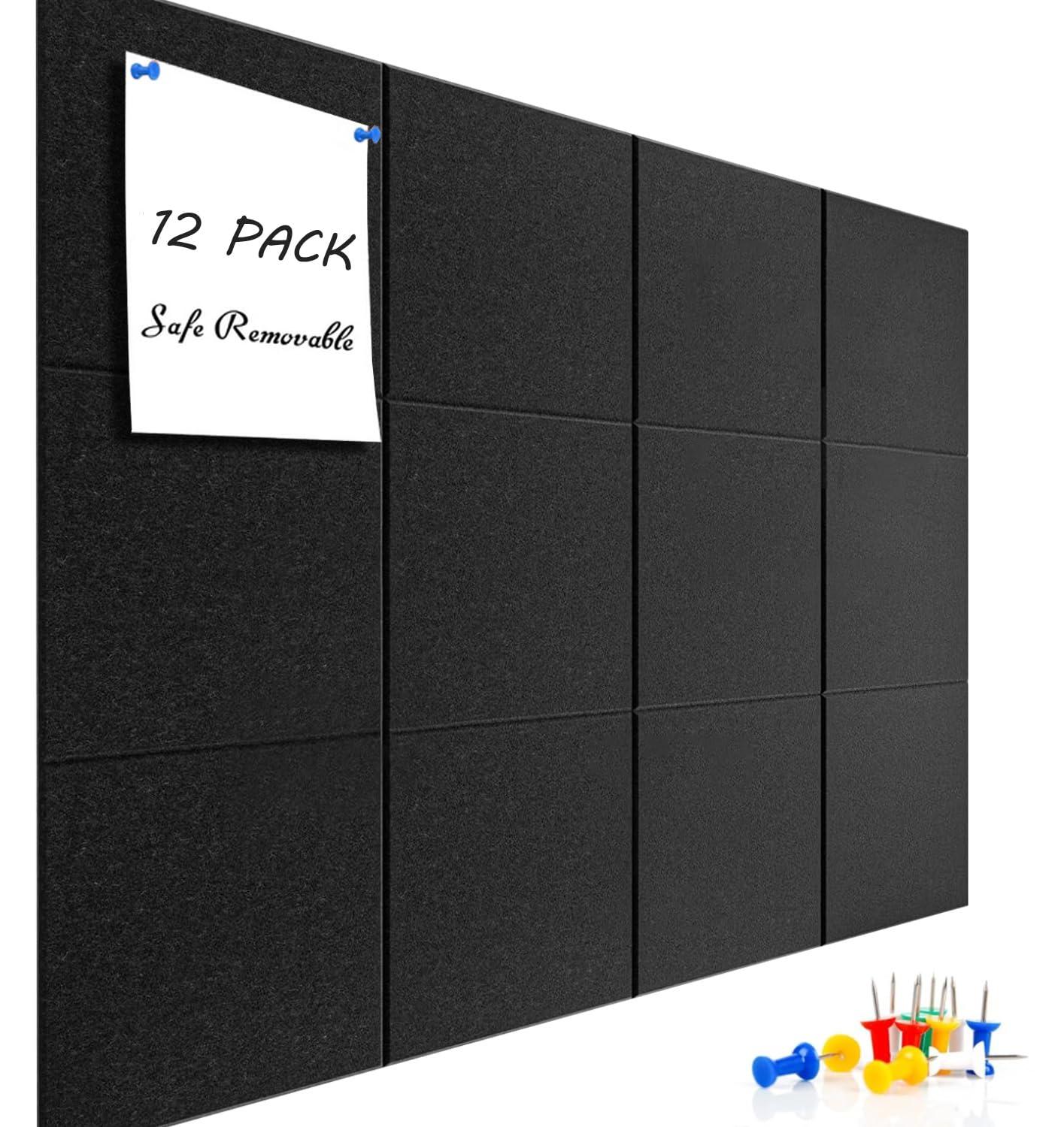 Large Cork Board Alternative 48" x 36", Black Bulletin Board, 12 Pack Felt Wall Tiles With 50 Pushpins, Pin Board Tack Board for Office (Dark Blue)