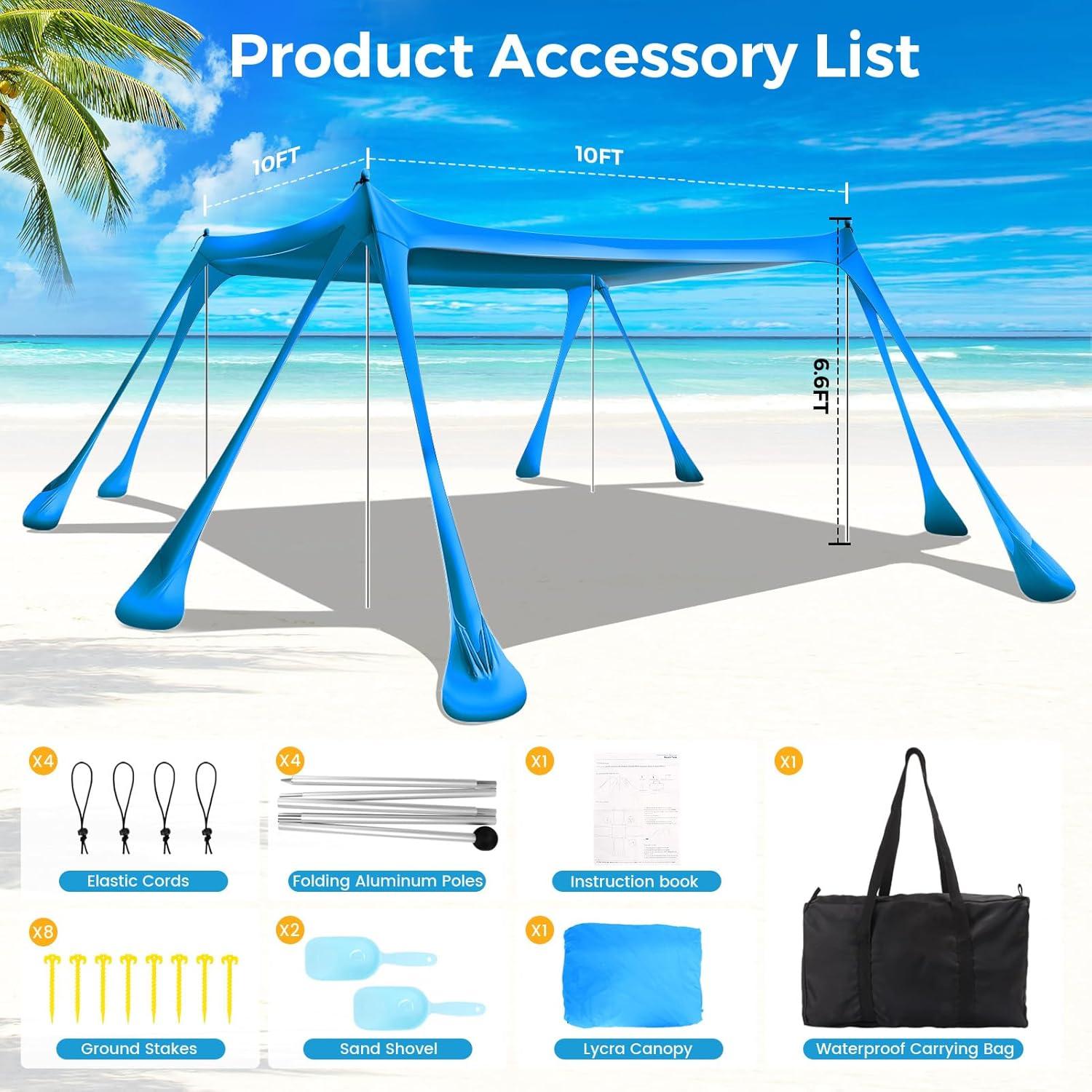 Beach Canopy Beach Tent Pop Up Shade 10x10ft Sun Shelter UPF50+ with 8 Sandbags-2 Sand Shovel-4 Aluminum Poles-Ground Pegs-Portable Carrying Bag for Outdoor Family Camping Fishing Yard Picnic
