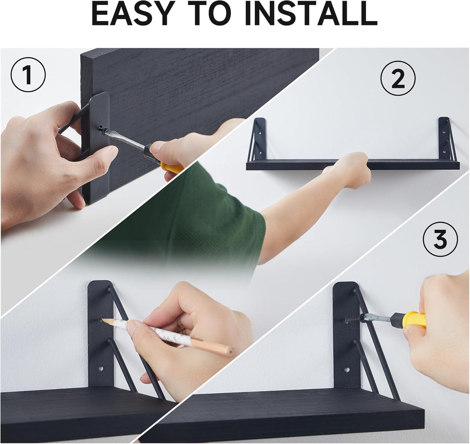 BAYKA Wall Mounted Floating Shelves, Wood Floating Wall Shelf for Books & Decor, Small Space-Saving Display & Organizer（Black，Set of 3）