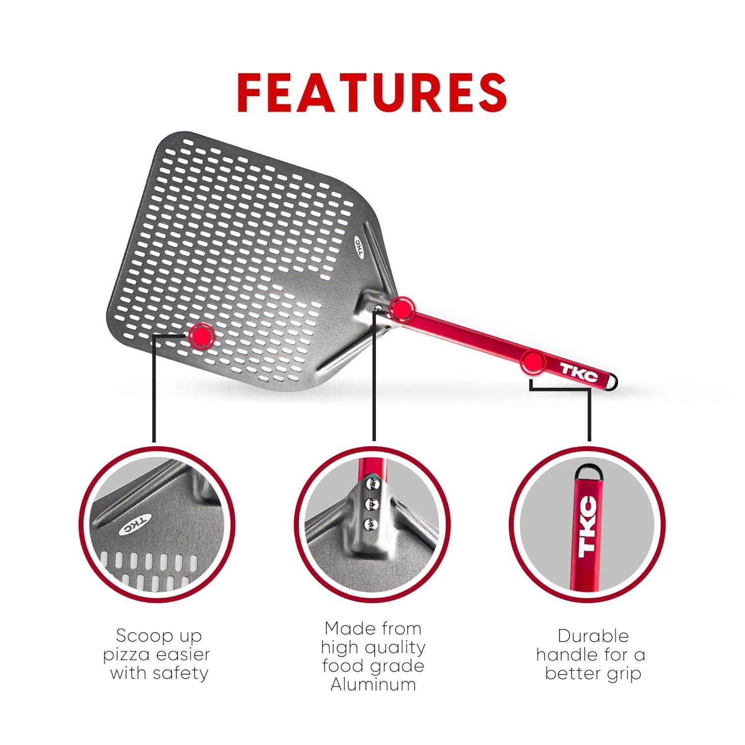 TKC Perforated Pizza Peel 14 Inch, Professional Aluminum Pizza Turning Peel, Long Handle Metal Pizza Spatula for Indoor and Outdoor, Lightweight Non-Stick, Ooni Pizza Oven Accessories