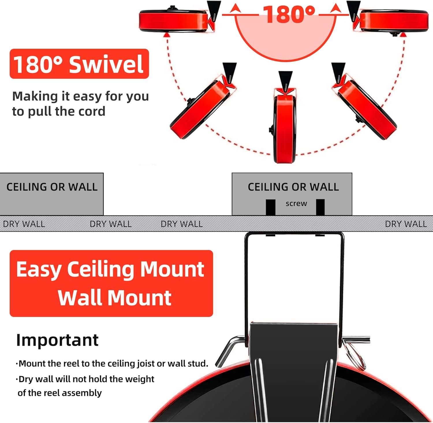 30 Ft Black and Red Retractable Extension Cord Reel with 3 Outlets