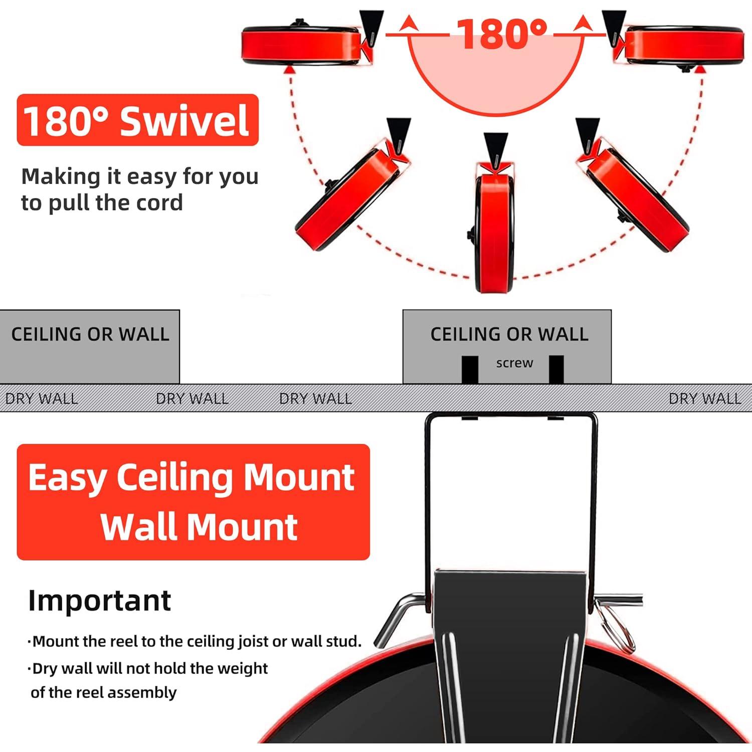 EP 30 Ft Retractable Extension Cord Reel, 16/3 SJTW Power Cord with 3 Electrical Outlets, Ceiling or Wall Mount, 10 Amp Circuit Breaker, Metal Plate, UL Listed, Red