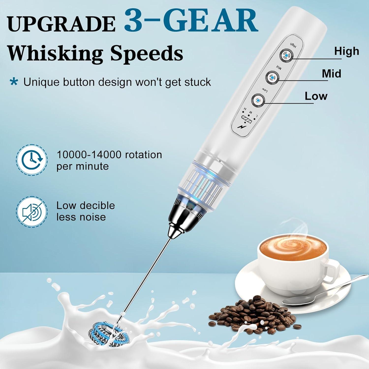 Silver Rechargeable Handheld Milk Frother with 3 Whisks