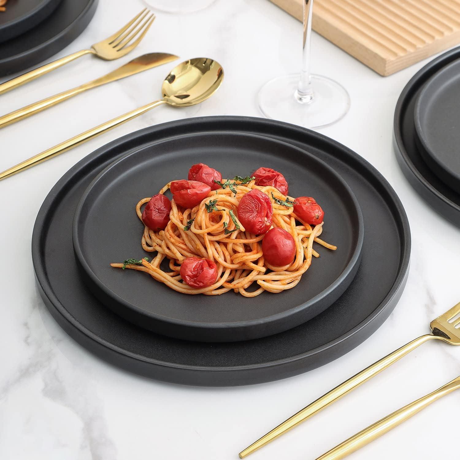 Black Matte Ceramic Round Dinnerware Set, Service for 8