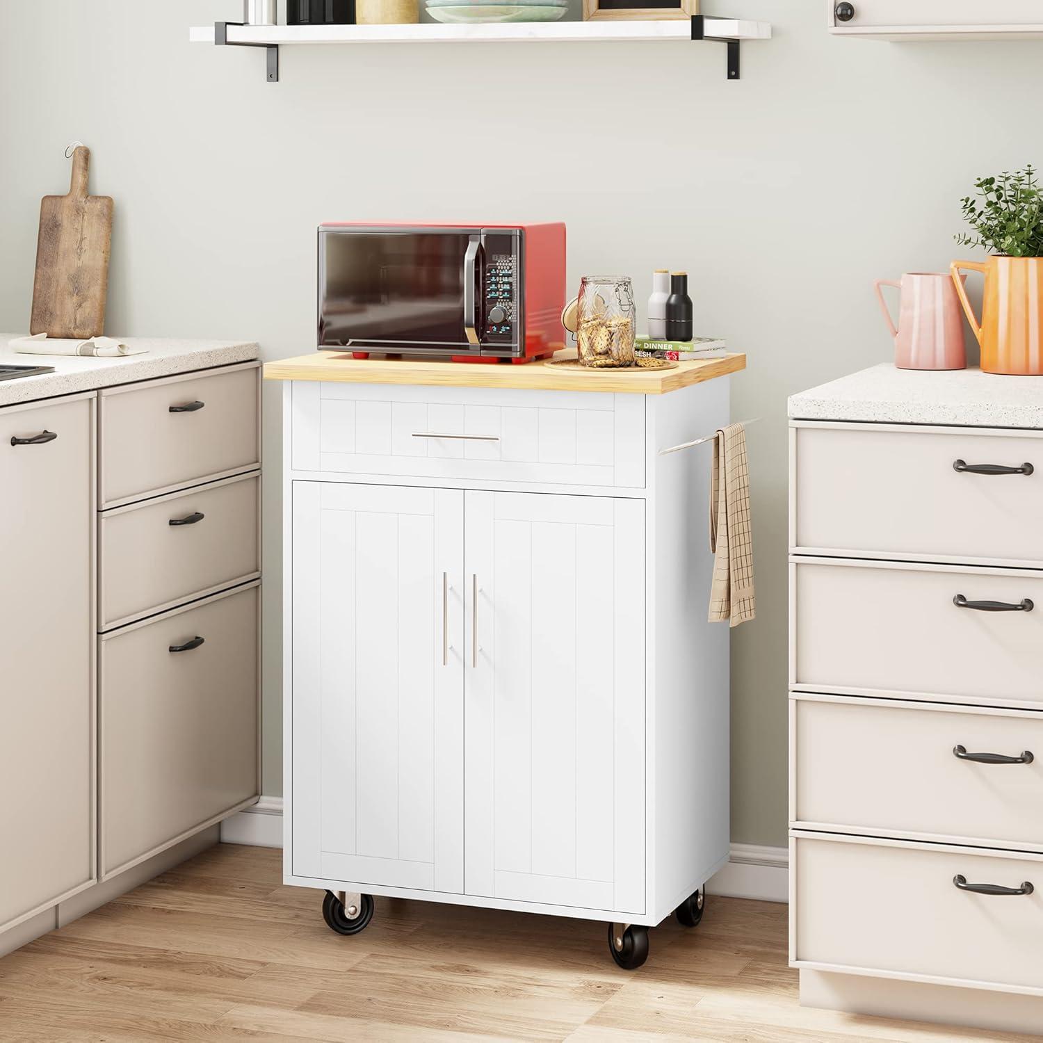 Anadea Kitchen Island Cart With Storage,Rolling Kitchen Island Side Table On Wheels With Worktop,Single Door Storage Cabinet And Drawer For Kitchen,Dinning Room