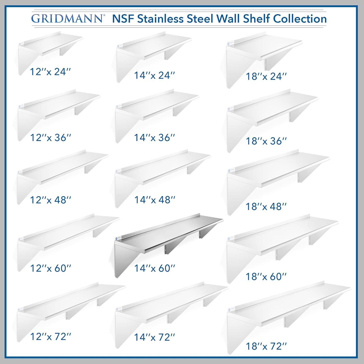 GRIDMANN 14" Deep Stainless Steel Kitchen Wall Mount Shelves with Backsplash - NSF Certified