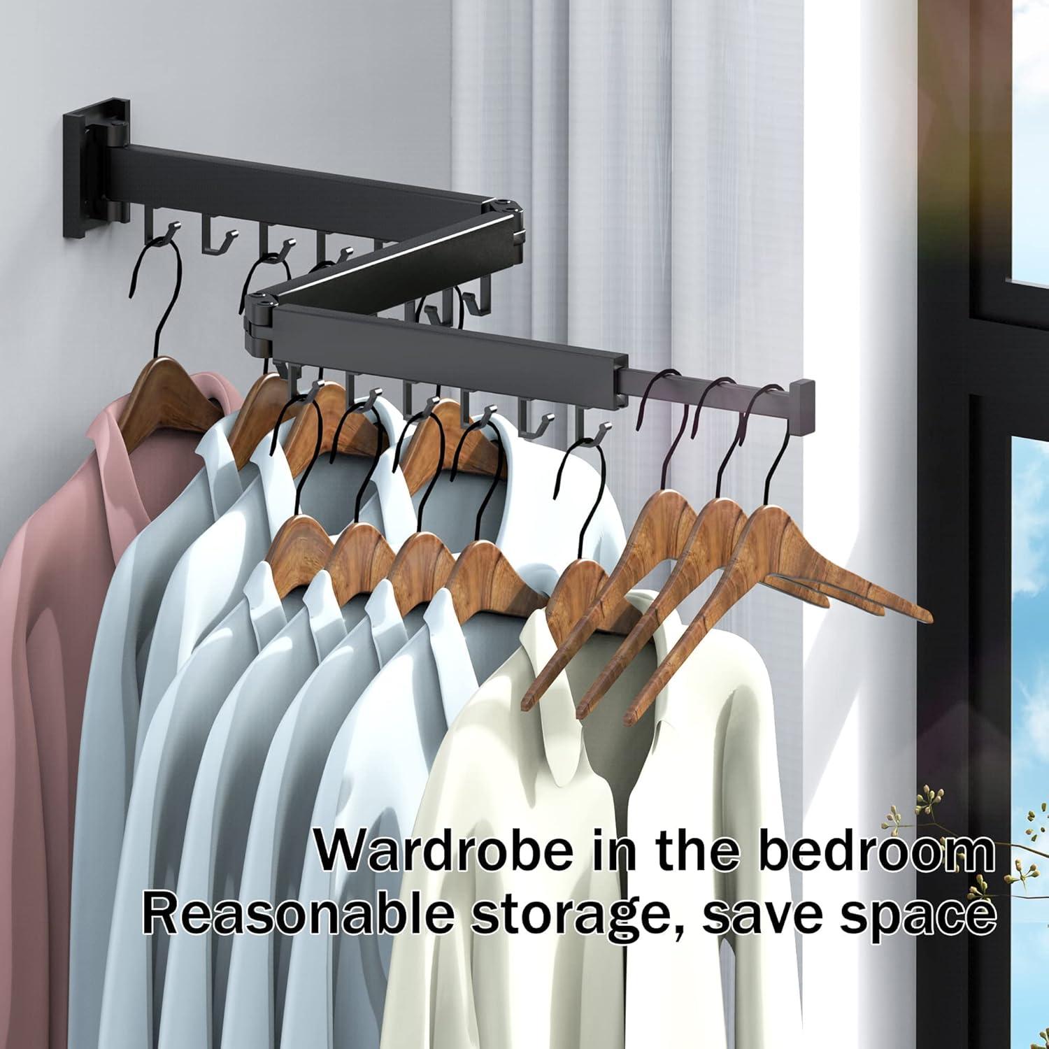 Retractable Wall Mounted Clothes Drying Rack: Folding Laundry Hanger with Collapsible Design and J Shape Hooks