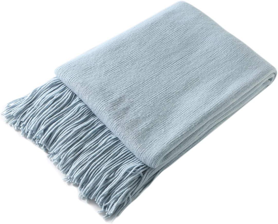 Light Blue Knitted Wool Throw Blanket with Tassels