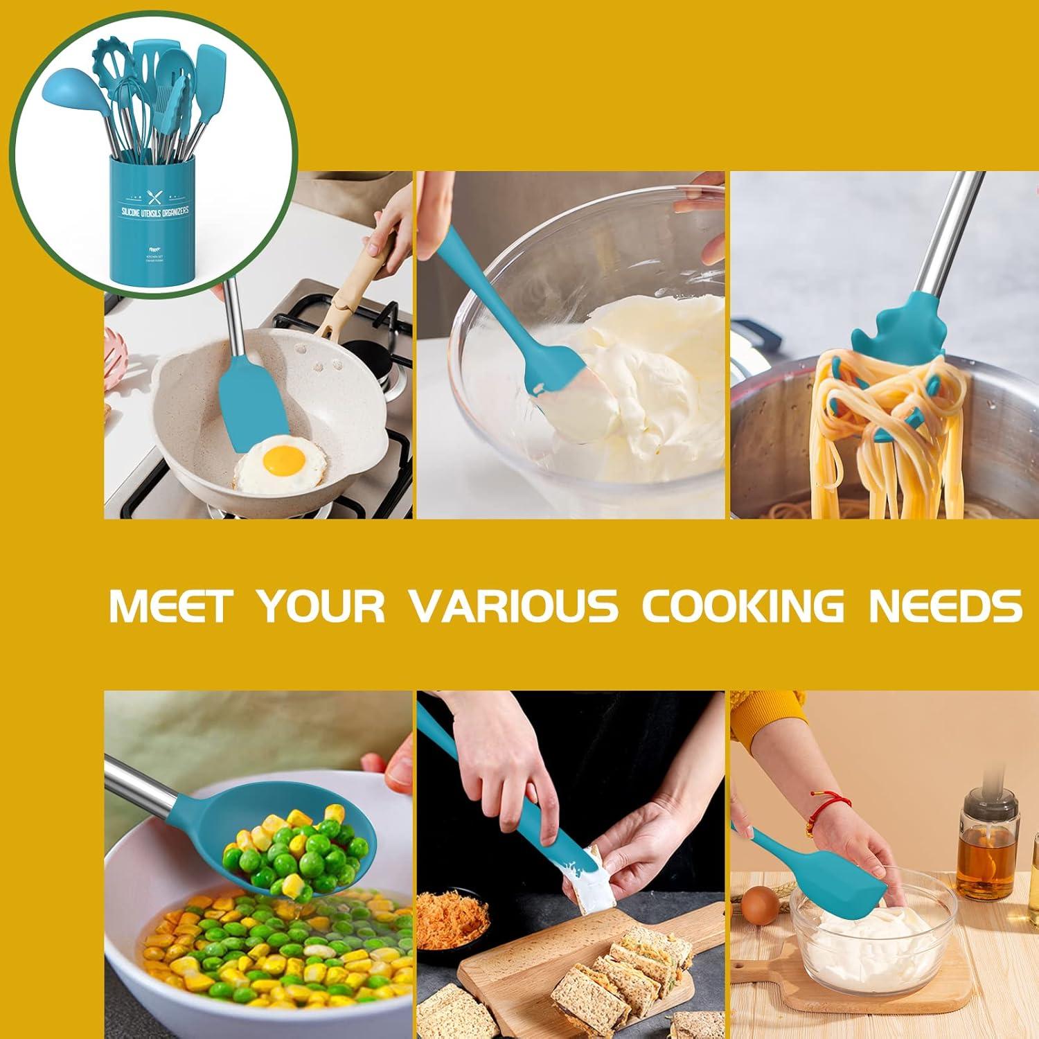 15 PCS Silicone Kitchen Cooking Utensils Set, Heat-Resistant Utensil Set with Premium Stainless Handles for Cooking and Baking, Non-Stick Spatula Kitchen Gadgets Cookware Set(Blue)