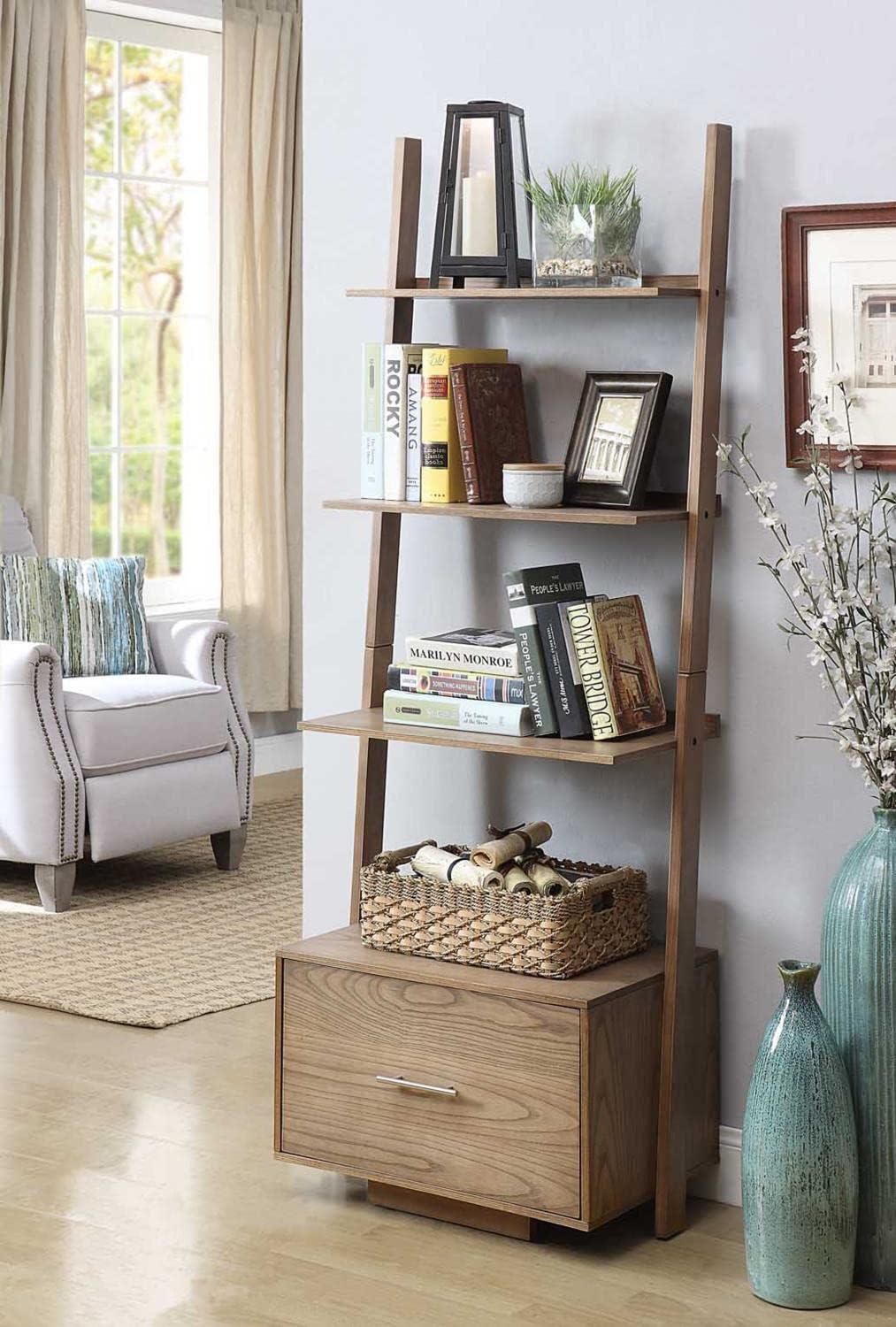 Gray Wood 4-Tier Ladder Bookcase with Concealed Storage Drawer