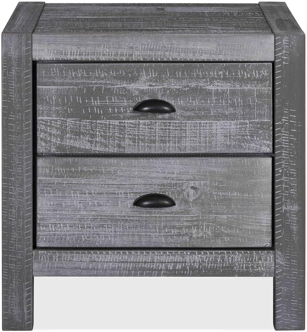 Rustic Grey Pine Wood 2-Drawer Nightstand with Black Metal Handles