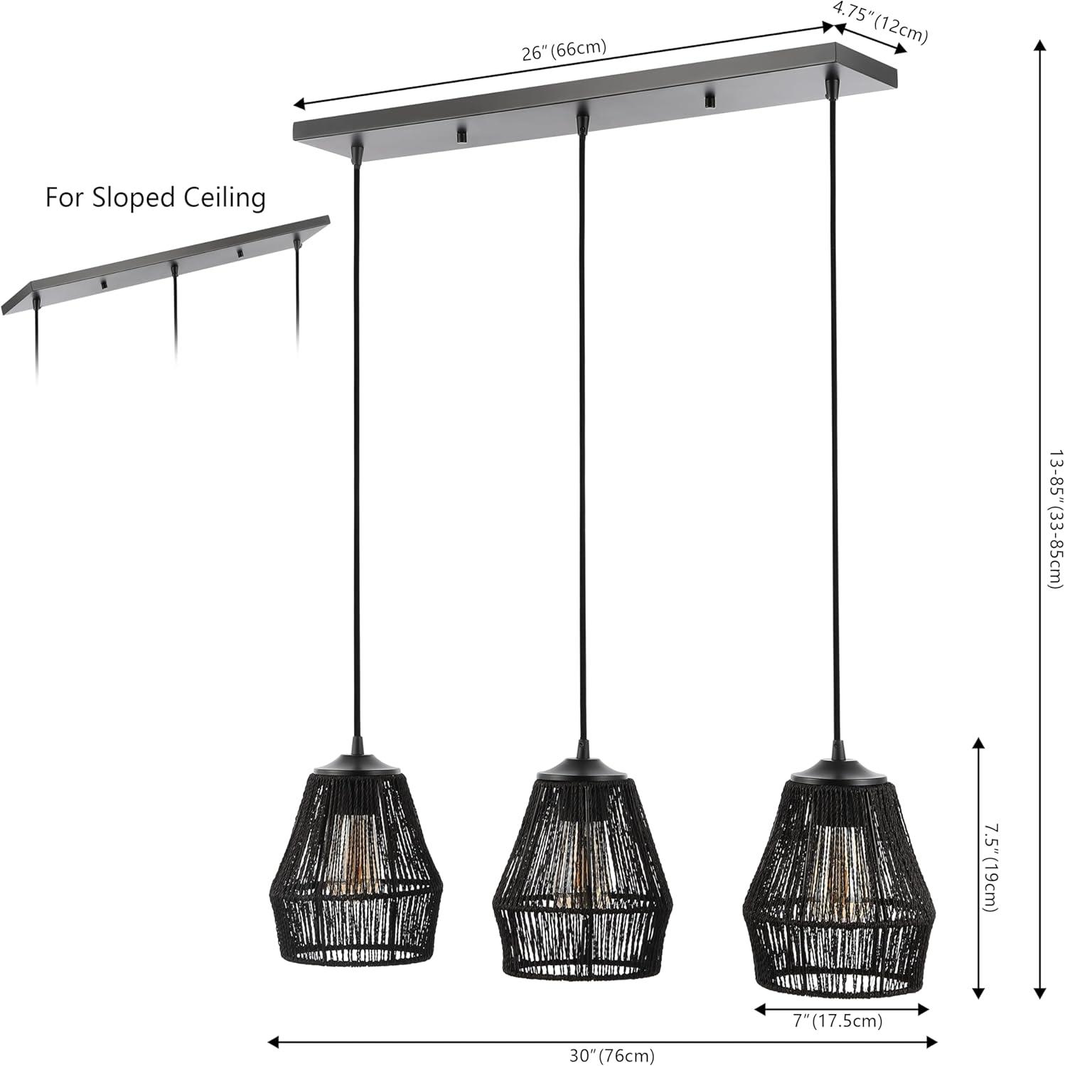 30" 3-Light Ibiza Island Woven Rope/Metal Bohemian Coastal Linear Pendant (Includes LED Light Bulb) Black - JONATHAN Y
