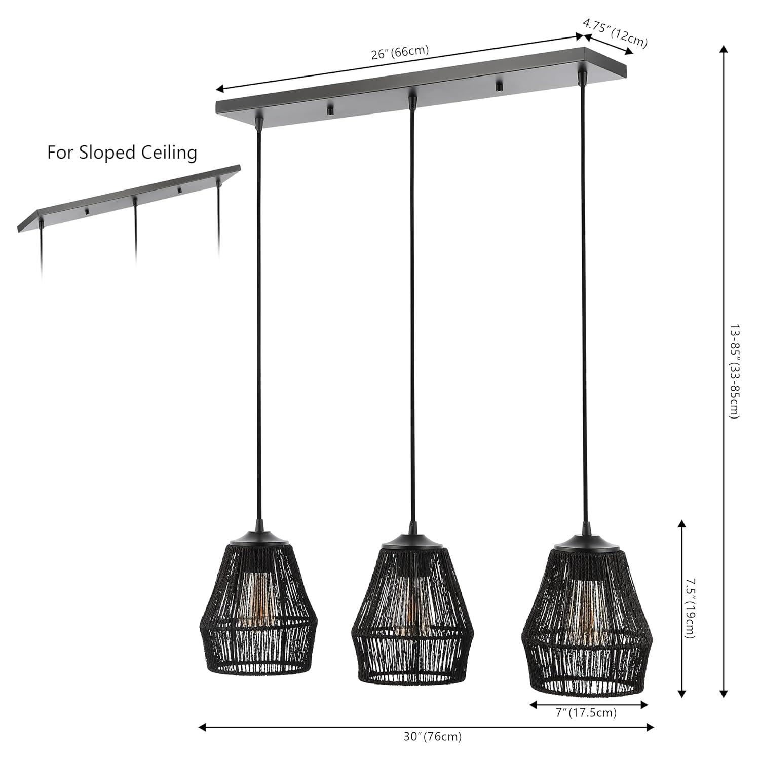 30" 3-Light Ibiza Island Woven Rope/Metal Bohemian Coastal Linear Pendant (Includes LED Light Bulb) Black - JONATHAN Y