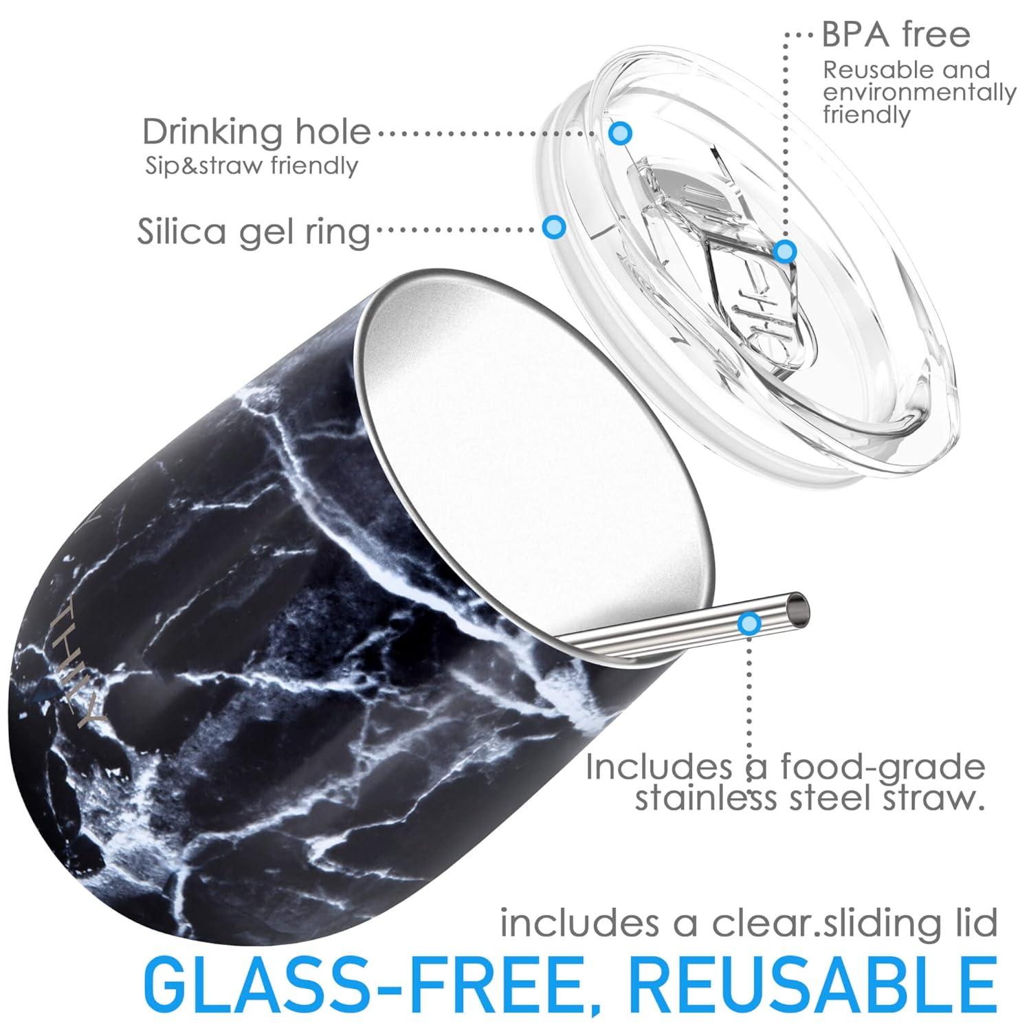 Wine Tumbler Vacuum Insulated Stemless - THILY 12 oz Triple-Insulated Stainless Steel Wine Glass with Lid and Straw, Cute Travel Cup Keep Cold or Hot for Coffee, Cocktails, Wood Grain