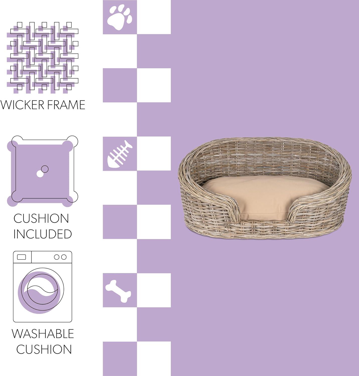 THE LICKER STORE Curvy 33" x 21.25" Classic Handwoven Rattan Dog Bed with Machine-Washable Cushion, Kubu Gray