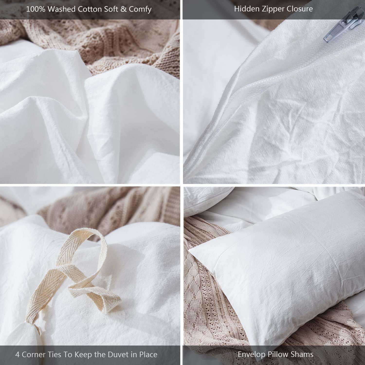 QUALITY FLOORING INC. Bedding Duvet Cover Set 100% Washed Cotton Linen Like Textured Breathable Durable Soft Comfy (Off White, King)