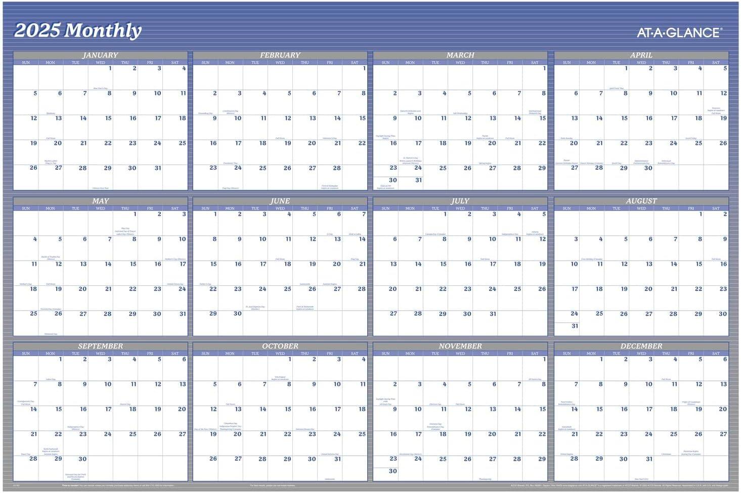 AT-A-GLANCE 2025 Vertical Horizontal Reversible Yearly Wall Calendar Blue Extra