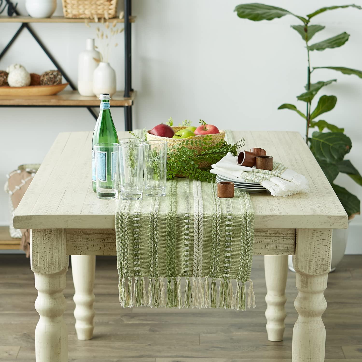 Design Imports  Braided Stripe Jacquard Fringe Table Runner, 15X108", Antique Green