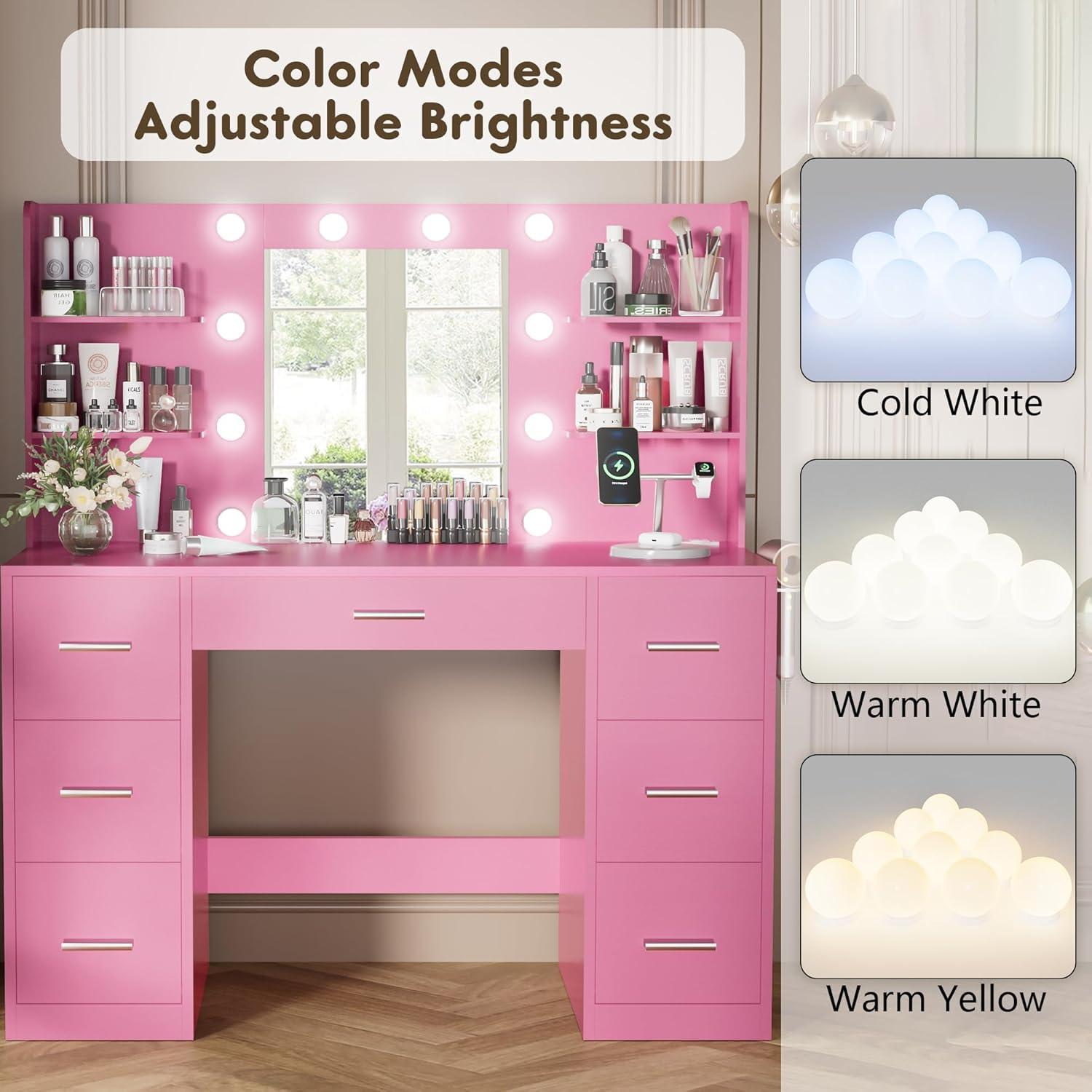 YESHOMY Vanity Desk with Mirror, Power Outlet and 10 Lights, Makeup Table with 7 Drawers, 3 Color Modes Available for Bedroom, White