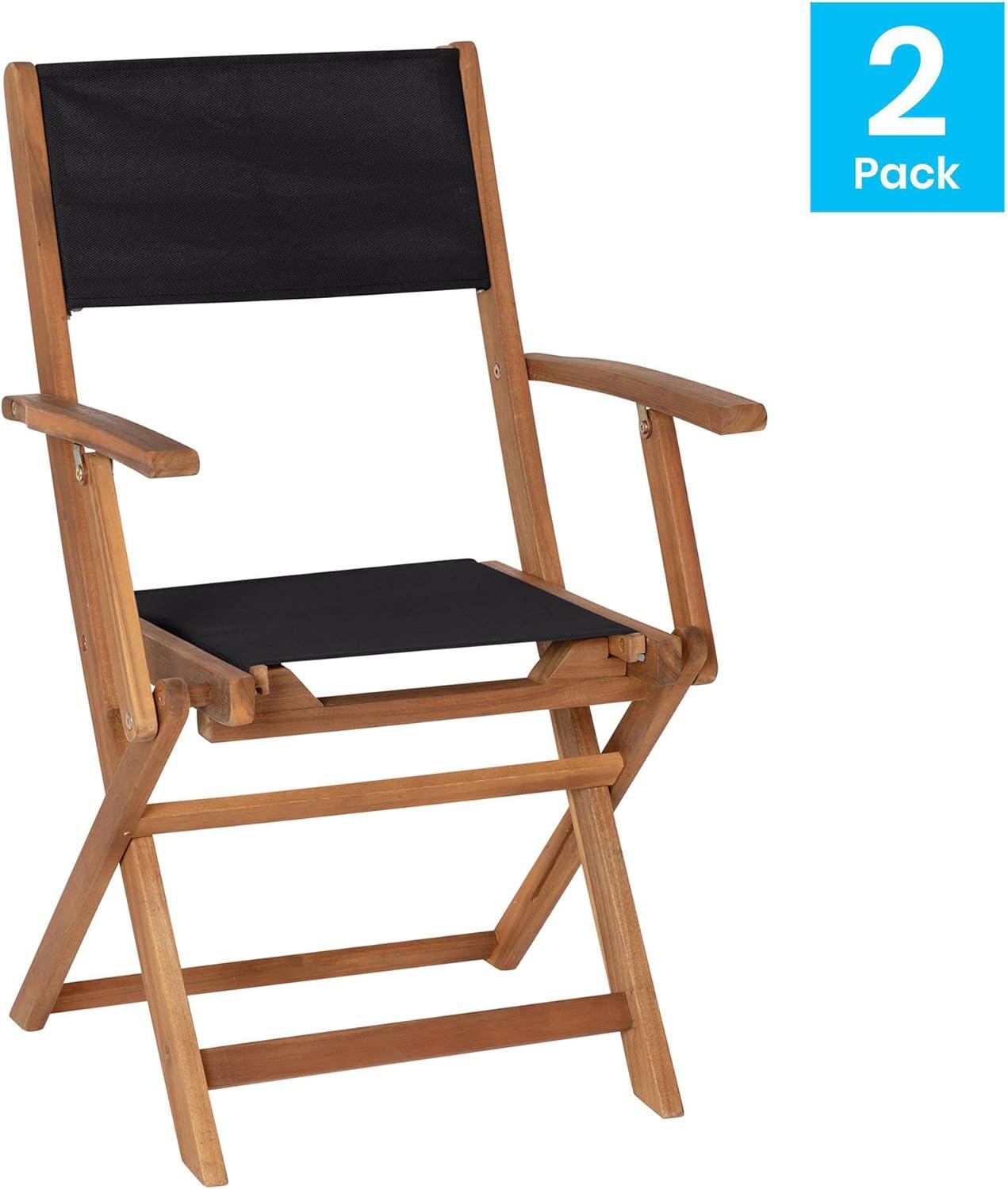 Flash Furniture 2PK All-Weather Acacia Wood and Mesh Folding Bistro Armchairs - Natural/Black