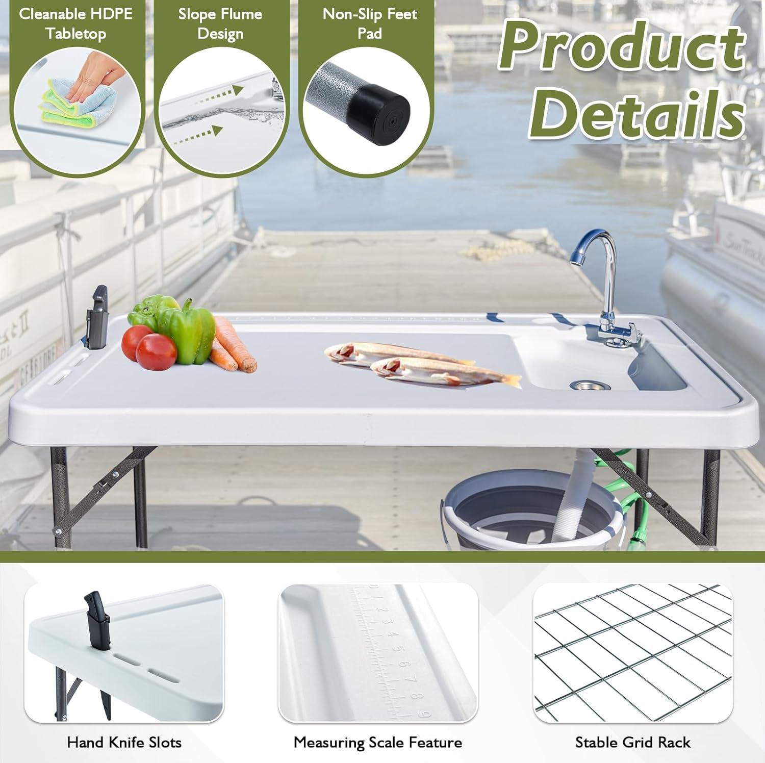 Folding Fish Cleaning Table Portable Camping Sink Table with Faucet Drainage Hose & Sprayer Outdoor Fish Fillet Cleaning Station with Grid Rack & Knife Groove for Picnic Fishing, Grey
