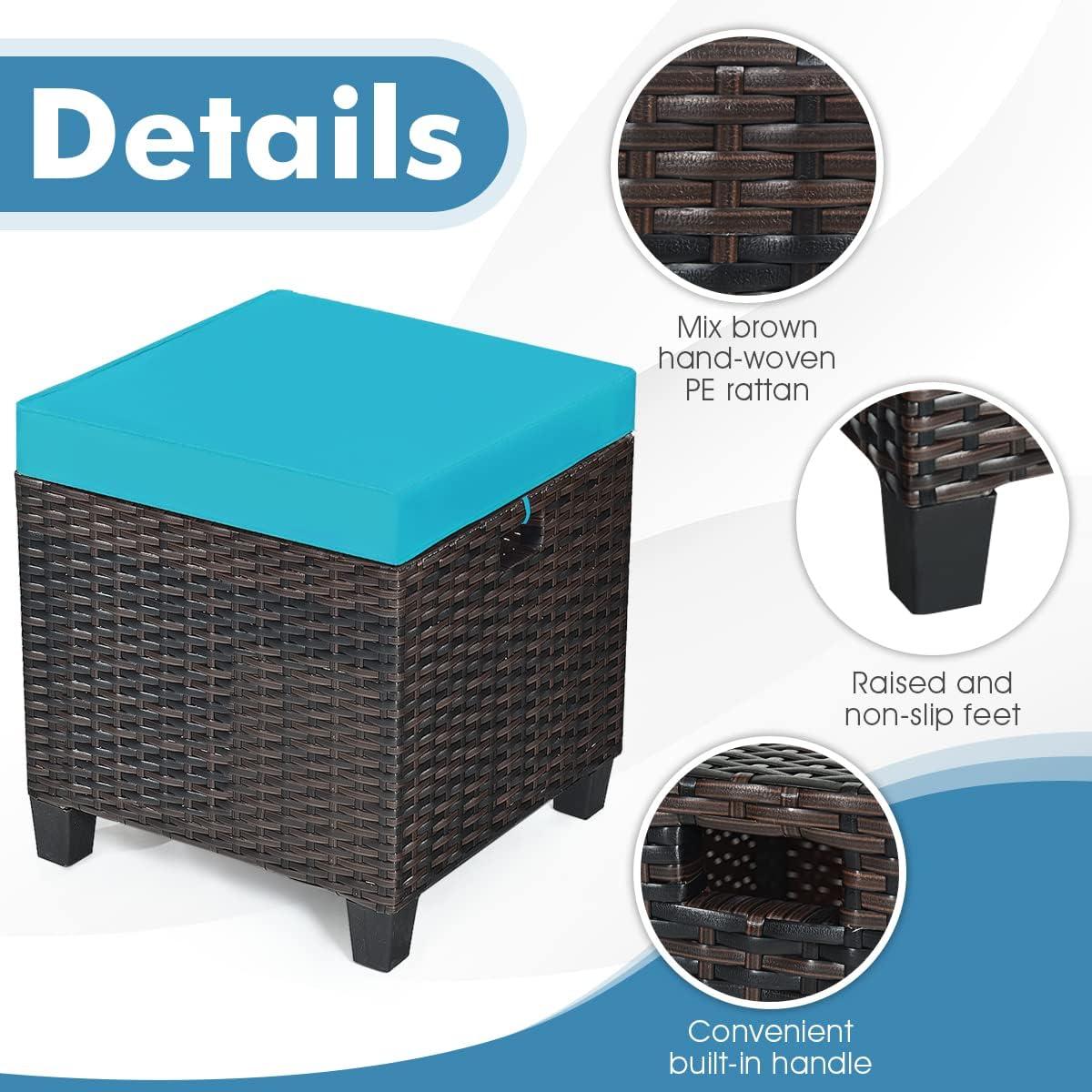 Costway 2PCS Patio Rattan Ottoman Cushioned Seat w/ Foot Rest Turquoise