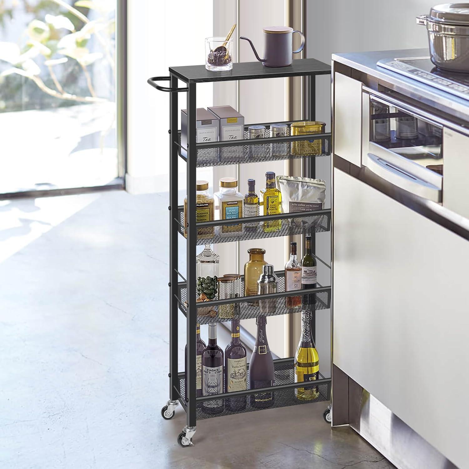 Black Metal and Particleboard 5-Tier Slim Kitchen Cart with Wheels