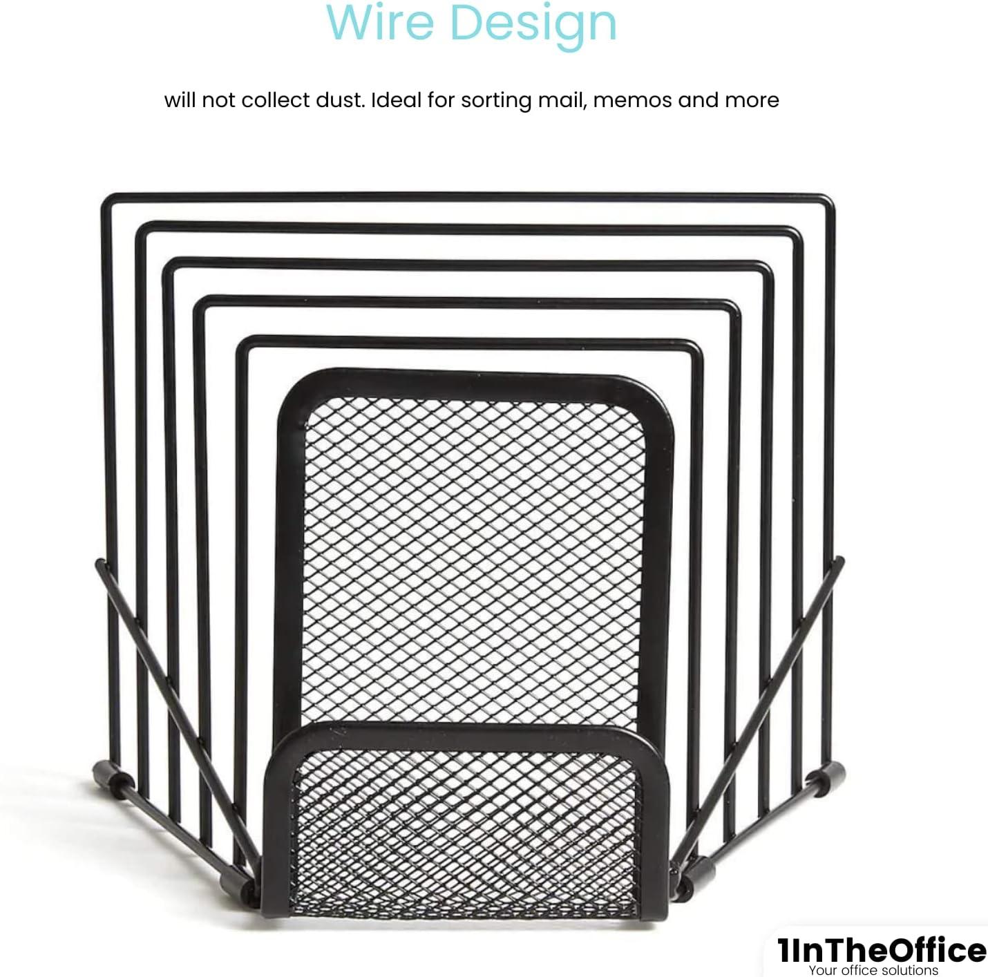 Black Metal Wire Mesh Desktop File Sorter with 6 Compartments