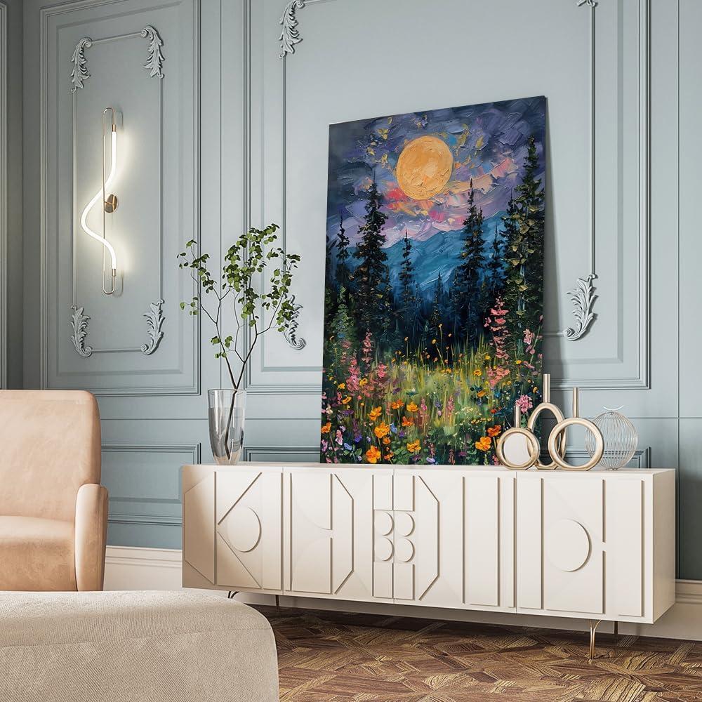 SFAOHPR Mystical Moon and Wildflowers Canvas Wall art Nature Flowers Oil Painting posters for room aesthetic Room Aesthetics Posters for Bedroom living room Home Decor ﻿12x16inch Unframed
