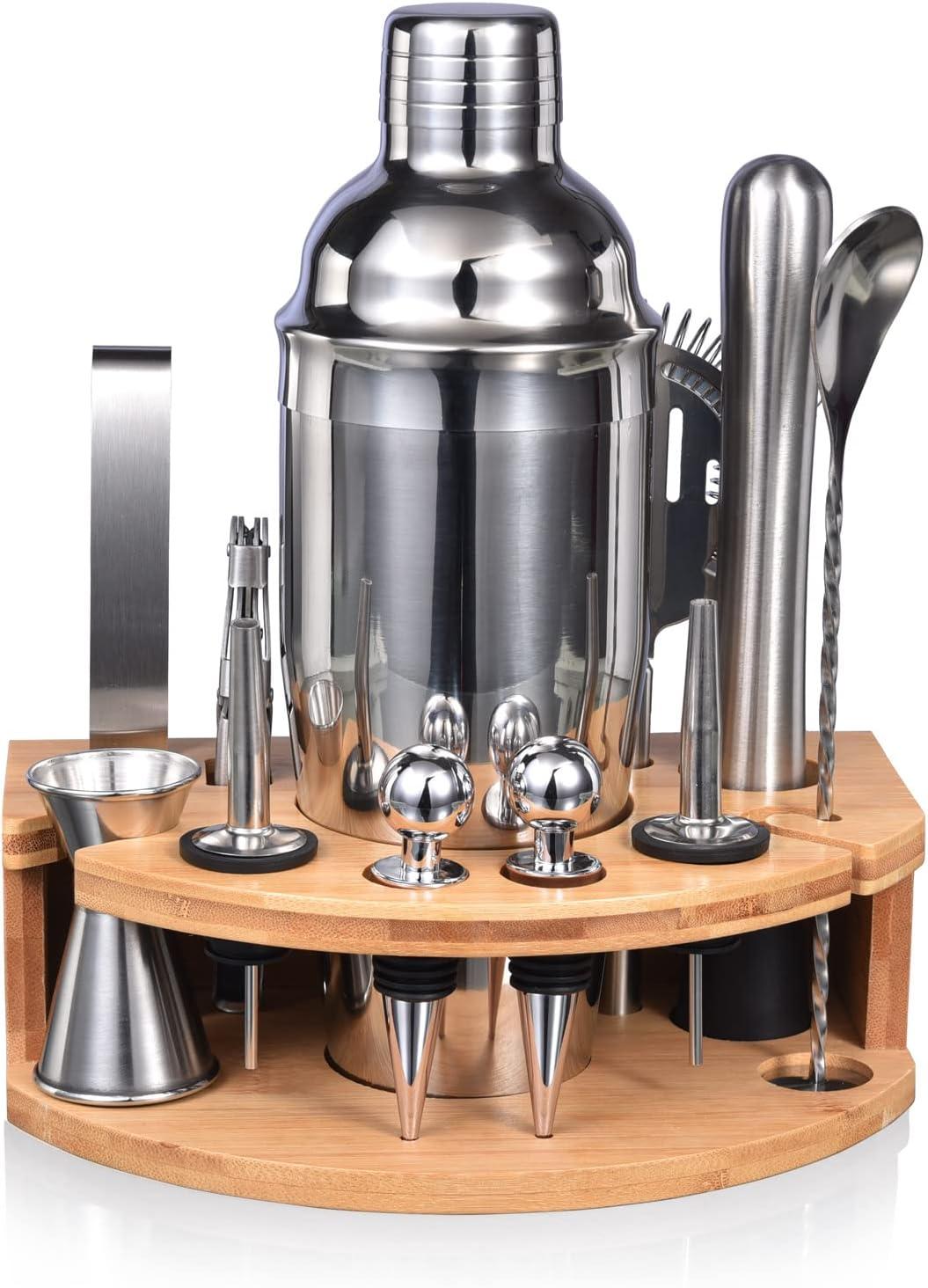 12 Pieces Bar Bartender Kit Cocktail Shaker Stainless Steel Set with Sleek Bamboo Tray (350ML)