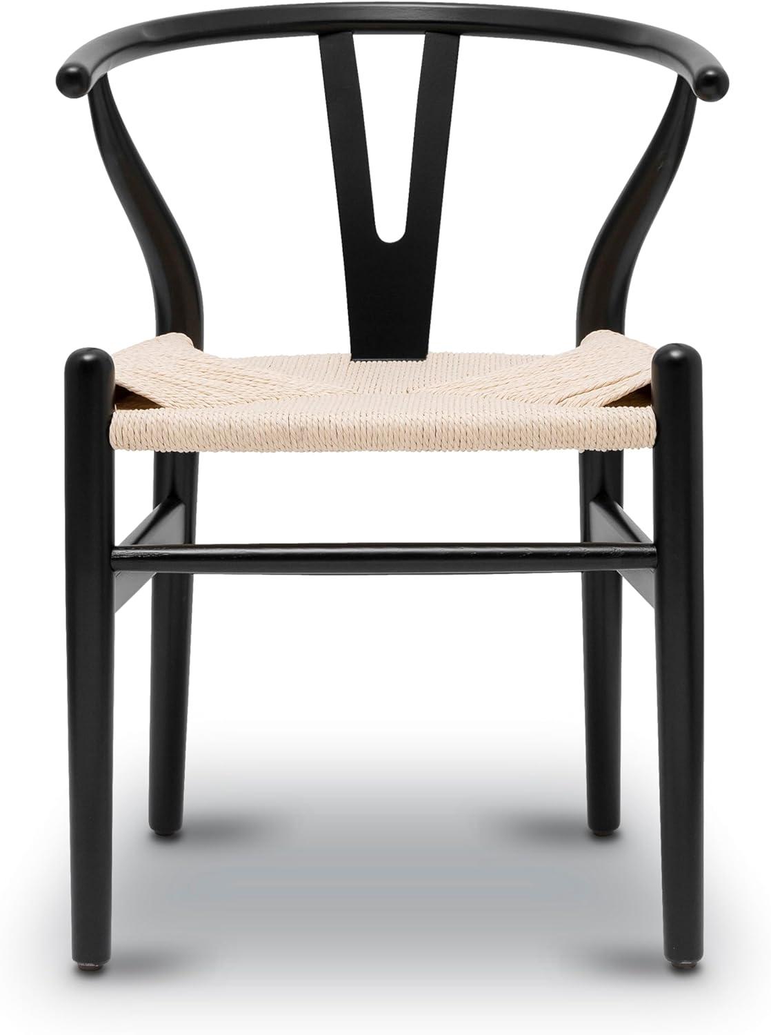 Black Wood Arm Chairs with Woven Seats, Set of 2