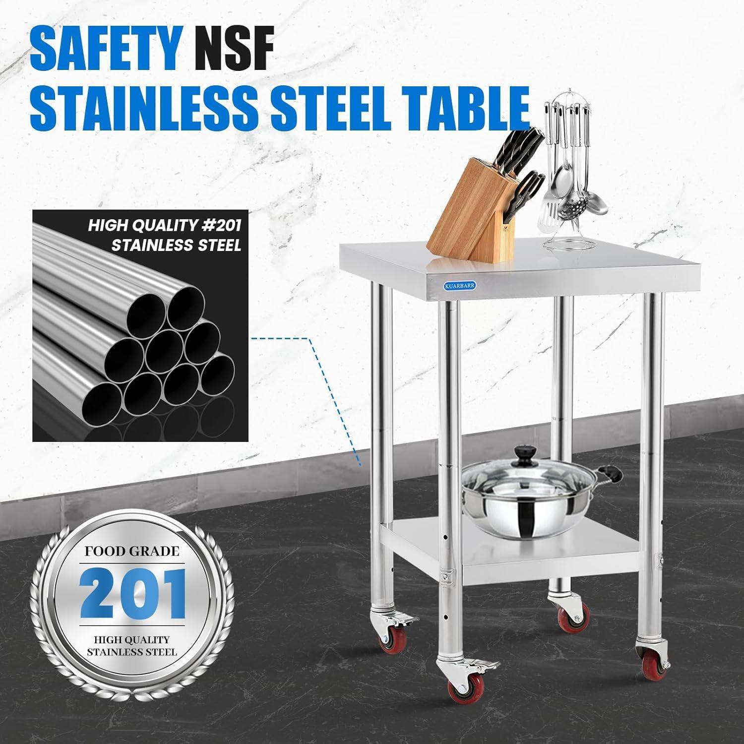 24 x 18 Inch Stainless Steel Movable Table Cart with Adjustable Under Shelf - NSF Certified