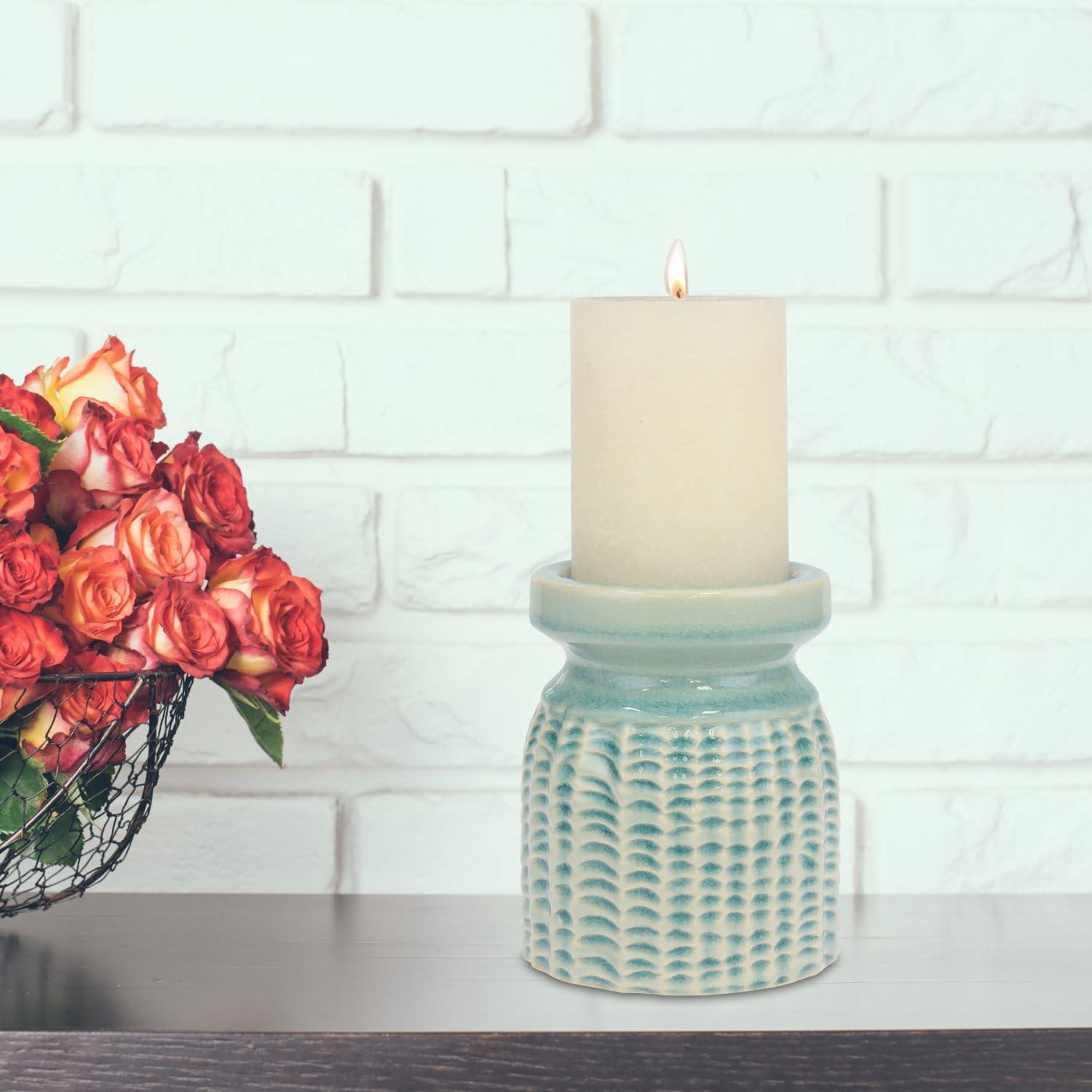 Pale Ocean Ceramic Textured Pillar Candle Holder