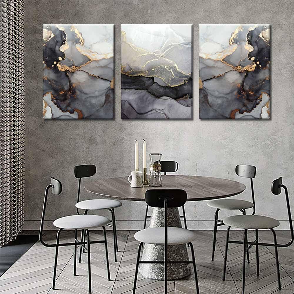 3Pcs Abstract Marble Wall Art Black and Gold Bathroom Decor Nordic Watercolor Gray White Fluid Ink Lines Canvas Picture Contemporary Painting Artwork for Living Room Bedroom Office Home Decor