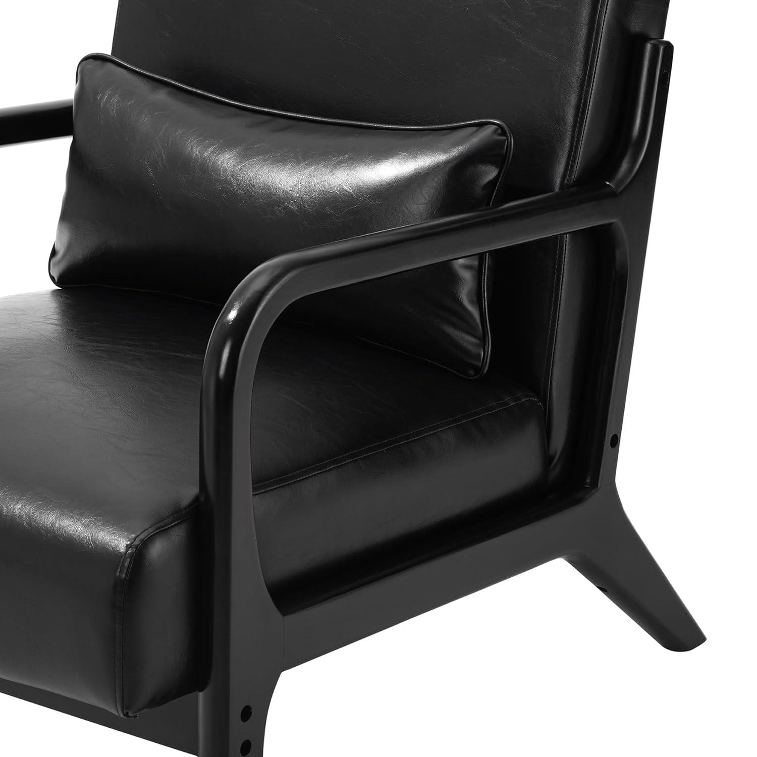 Mid-Century Modern Leatherette Arm Accent Chair Walnut Rubberwood Frame Navy Blue - Glitzhome: PU Upholstery, Tapered Legs, Office/Home Use